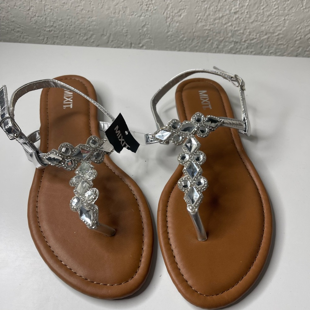 Silver and Brown T-Strap Sandals with Embellishments